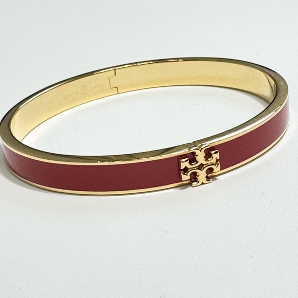 Tory Burch Kira Logo Monogram Red and Gold Bangle Bracelet Medium